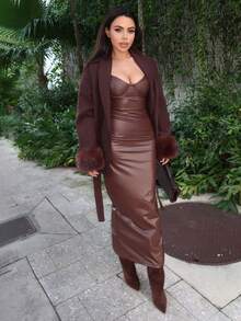 Durrani Popal Autumn/Winter Solid Brown/Coffee PU Leather Sexy Minimalist Bustier Corset Bodysuit, Fitted Long Strap Dress Suitable For Cocktail Party, Romantic Date, Layering Dress, Party, Nightclub, Halloween, Christmas - Coffee Brown - View 6