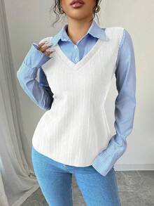 Elenzga Áo thun dài tay kẻ sọc tương phản thường ngày cho nữ, mùa thu - trắng - Xem 5