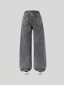 SHEIN ChillGRL Doodle Distressed Wide Leg Jeans, Loose Straight Leg Pants For Teenage Tween Girl - Light Grey - View 2