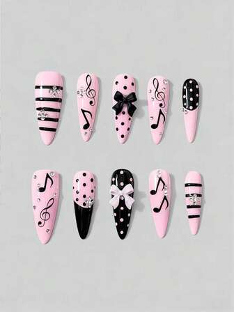 Anime 10 pezzi di unghie finte realizzate a mano con fiocchi carini, note musicali, pois + 3 pezzi di adesivo biadesivo, unghie a mandorla rimovibili con strass stile francese dolce a pois neri e rosa, adatte per vacanze, feste e uso quotidiano