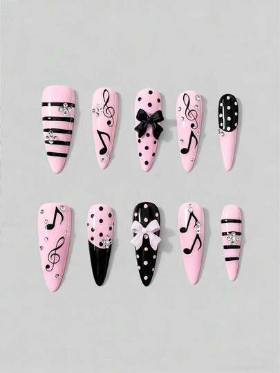 Anime 10 piezas de uñas postizas hechas a mano con moños lindos, notas musicales y lunares, + 3 piezas de adhesivo doble cara, uñas desmontables con forma de almendra, estilo francés dulce con cristales y lunares negros y rosas, adecuadas para vacaciones, fiestas y uso diario