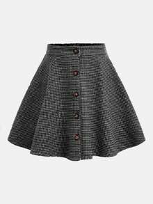 SHEIN Tween Girls' Casual Everyday Vintage Versatile Elegant Houndstooth Button-Up A-Line Skirt, Collegiate Patterned Skirt - Black - View 5