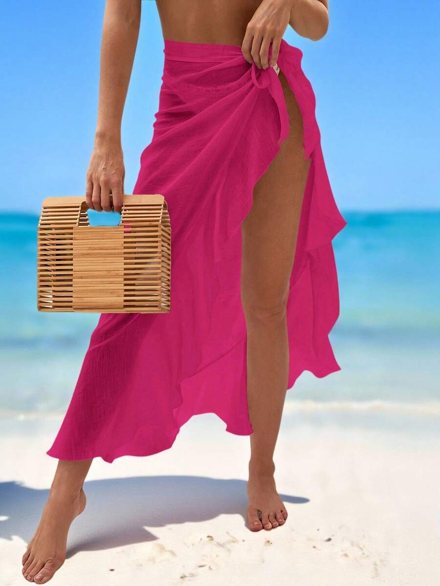 Swim Vcay Solid Color Ruffle Hem Slit Up To Thigh Skirt Coverup - Hot Pink - View 1