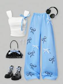 SHEIN ChillGRL 2 件套春夏少女“ME”休闲甜美可爱褶皱吊带背心上衣和蝴蝶结印花工装裤套装，适合日常通勤、休闲、街拍、姐妹聚会 - 藍色 - 查看 1