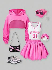 SHEIN ChillGRL 3 件套青少年女孩休闲连帽衫、图案背心和花卉印花泡泡裙套装，适合日常穿着、返校、春夏秋套装、秋装 - 粉色 - 查看 1