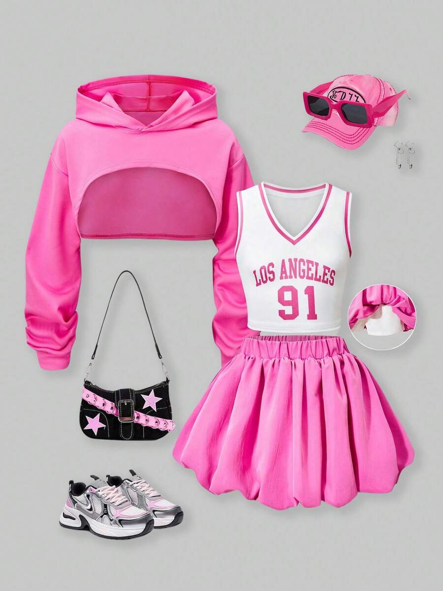 SHEIN ChillGRL 3 件套青少年女孩休闲连帽衫、图案背心和花卉印花泡泡裙套装，适合日常穿着、返校、春夏秋套装、秋装 - 粉色 - 查看 1