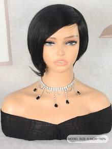 Parrucche corte pixie dritte in capelli umani con frangia, 20 cm, densità 150%, nero naturale, stile semplice da indossare, capelli umani Remy a strati, parrucche in capelli umani dall'aspetto naturale per uso quotidiano delle donne