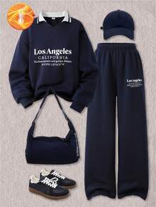 SHEIN ChillGRL 少女两件套：纯色字母印花 Polo 衫 + 宽松运动裤，休闲秋冬装组合 - 藏蓝色 - 查看 7