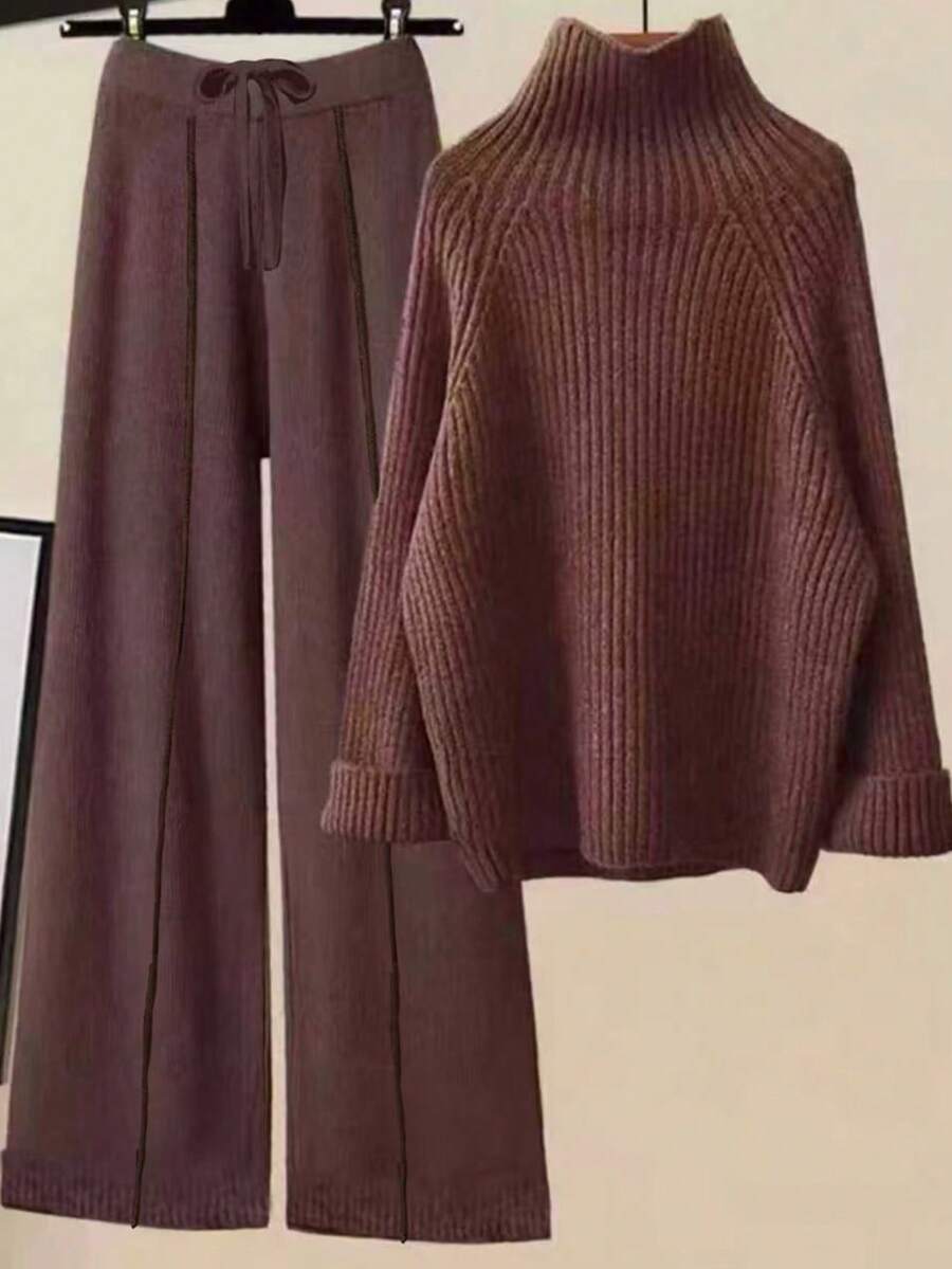 SHEIN Unity 2pcs Apricot Women Knit Sweater Set, Ribbed Texture Cream Color Pullover & Pants Casual Minimalist Outfit - Coffee Brown - View 1