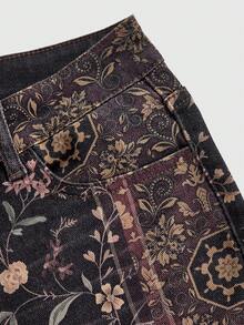 ROMWE Grunge Punk 复古嬉皮风撞色印花超低腰喇叭牛仔裤 - 彩色 - 查看 4