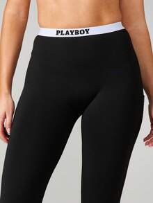 Missguided x Playboy High Rise Branded Waistband Leggings With Logo Detail Full Length Stretch Activewear Bottoms - Black - View 4