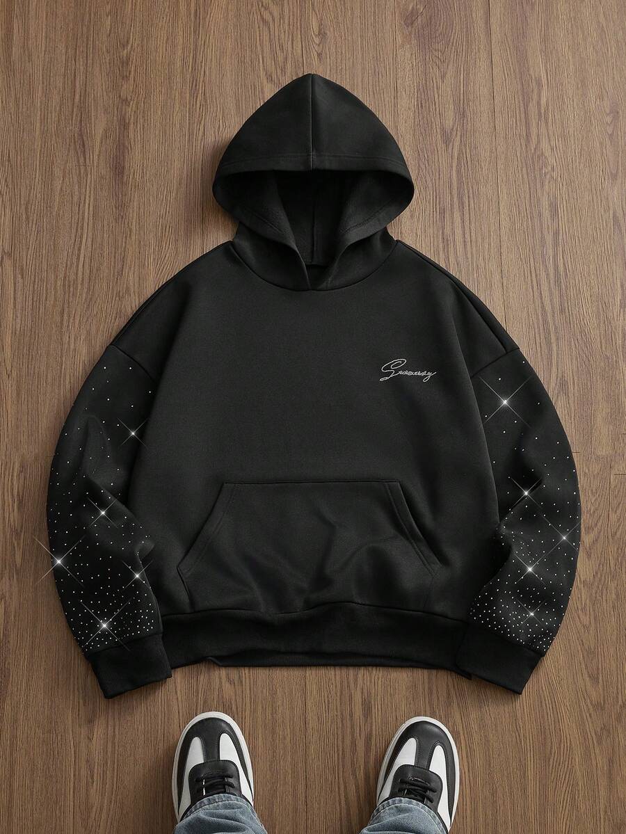 SWAVVY Áo nỉ trùm đầu nam mùa thu đông thời trang đính đá pha lê rộng rãi - màu đen - Xem 1