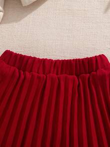 Souflis 2025秋冬法式复古两件套-红色蘑菇图案上衣&红色百褶裙，女婴 - 杏色 - 查看 8