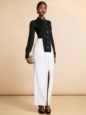 SHEIN Veneréa 女士金属黑白拼接褶皱连衣裙