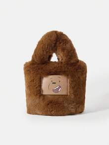 We Bare Bears X SHEIN Ladies Women Top Handle Bags,Crossboby Bags, Cute Cartoon Bear Pattern Faux Fur Plush Bag,Fashionable, Personalized, Simple, Versatile, Hot Girls, Y2k, Autumn And Winter - Brown - View 7