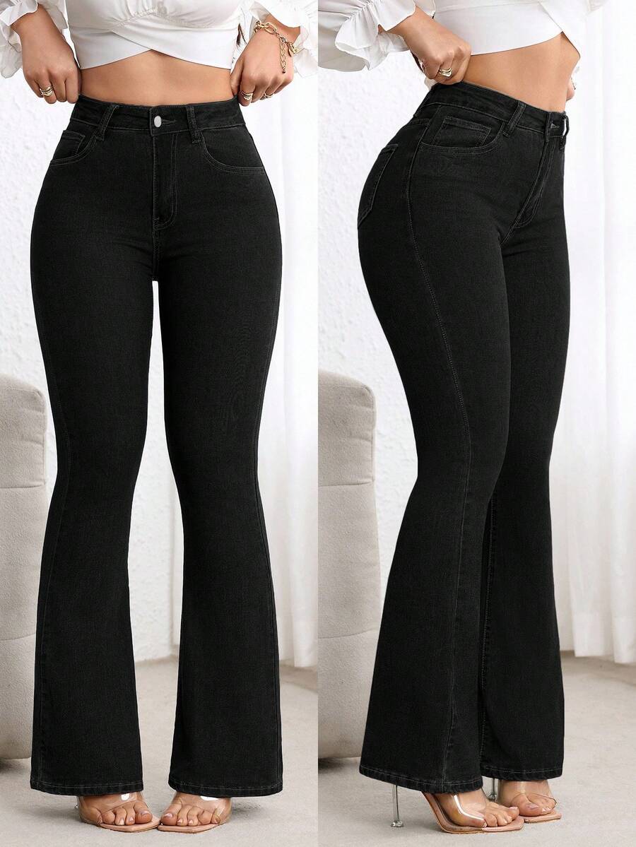 SHEIN PETITE 女士纯色高腰修身休闲百搭日常喇叭牛仔裤 - 黑色 - 查看 1