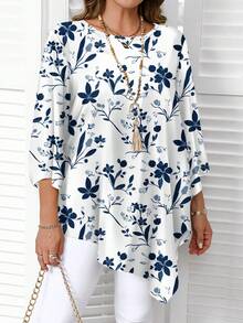 EMERY ROSE 大码女式休闲度假风印花喇叭袖不对称下摆宽松衬衫，春秋季 - 彩色 - 查看 3