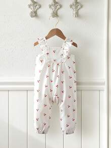 Souflis Souflis Baby Girls Toddler Floral Print Square Neck Ruffle Hem Sleeveless Romper, Suitable For Spring/Summer Outings, Vacation, Daily Wear - White - View 3