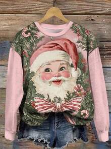 SHEIN LUNE Hanorac cu mânecă lungă și guler rotund pentru femei, mărime mare, pentru costume de Crăciun, stil pictat, Moș Crăciun, toamnă/iarnă - Multicolor - Vizualizare 1