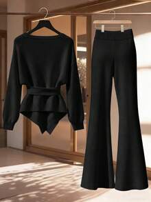 Franclia 2件套女士休闲宽松时尚优雅通勤高品质针织毛衣套装，秋冬季 - 黑色 - 查看 2