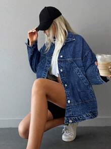 ZIRRA Women's Autumn Dropped Shoulder Long Sleeve Single-Breasted Pocket Casual Loose Denim Jacket - Dark Wash - View 4