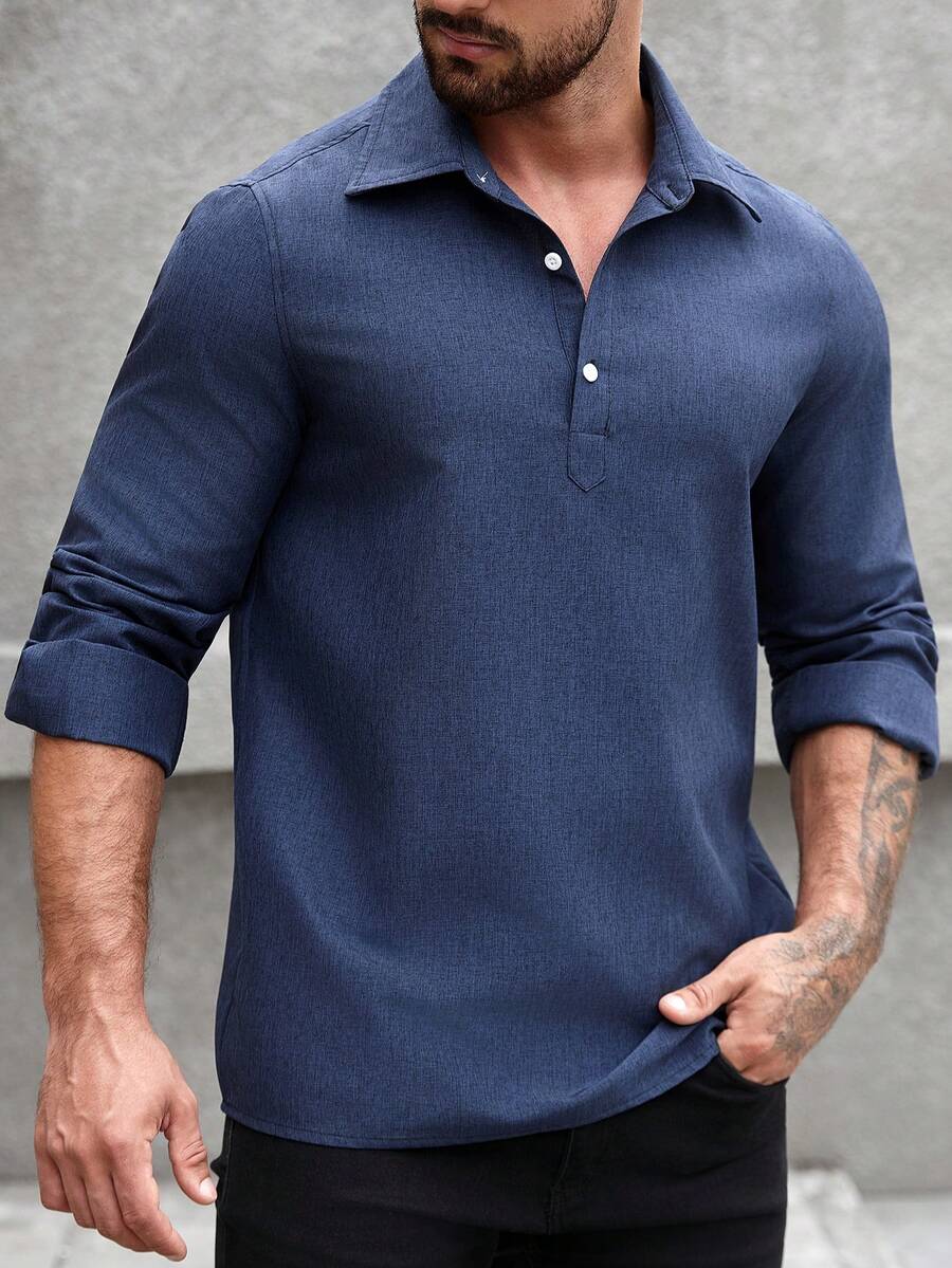 Manfinity Homme Men's Solid Color Polo Collar Long Sleeve Casual Commuter Shirt Navy Blue Men Shirt Blue Tops For Men Royal Blue Shirt For Men Blue Designer Shirt - Navy Blue - View 1