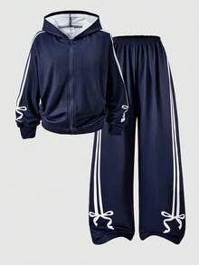 SHEIN ChillGRL 2 件套 Streecool 儿童和青少年拉链连帽印花夹克运动衫 + 直筒蝴蝶和条纹印花裤，休闲街头时尚装，适合春秋季日常、通勤、运动、返校 - 藏蓝色 - 查看 4