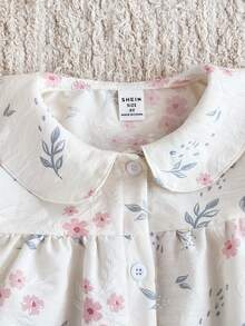 SHEIN X GALILEA 2 piezas Conjunto de pijama cómodo con top de manga larga y pantalones con estampado floral elegante para niñas jóvenes - Rosa - Ver 5