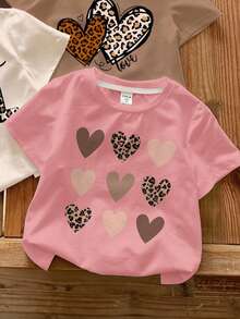SHEIN LMoss Kids 4件装少女休闲简约奶油粉色复古豹纹爱心字母“Mama's Girl”图案圆领短袖T恤，适合春夏穿着 - 彩色 - 查看 4