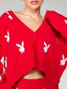Missguided x Playboy Christmas Bunny Print Cropped Cardigan And High Waisted Booty Shorts Knit Lounge Set Casual Winter Sweater Coord Two Piece - Red - View 6