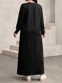 Modelyn Plus Size Women Casual Textured Fabric Round Neck Loose Long Sweatshirt, Green, Autumn/Winter - Black - View 2