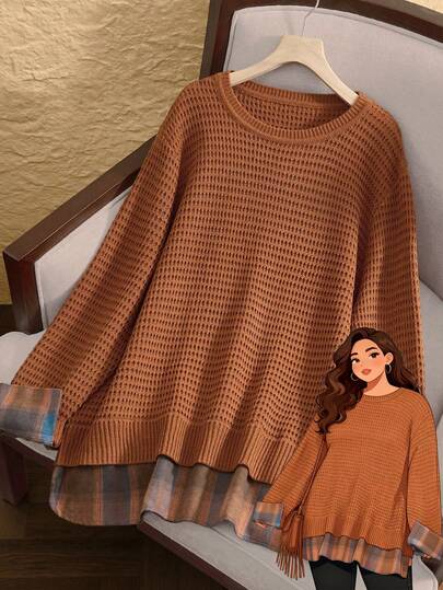 Rusticease Plus Size Women Plaid Patchwork Crew Neck Long Sleeve Casual Loose Pullover Sweater,  Orange Sweater Country Style Country Concert,Spring