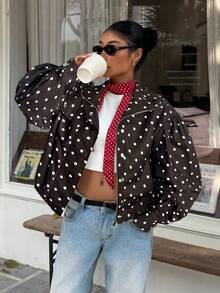 SHEIN EZwear 女士波点拉链短款宽松外套 - 棕色 - 查看 6