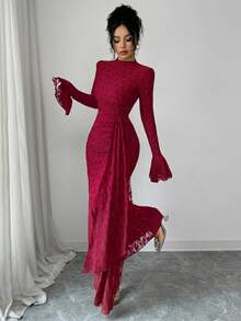 Modelyn French Design Lace High Neck Tie Waist Ruched Slim Fit Dress For Women