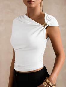 SHEIN BAE Áo thun nữ cổ tròn xếp ly kim loại màu trơn thời trang không đối xứng - trắng - Xem 6