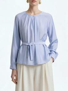 Aalyst 休闲通勤时尚高端奢华圆领插肩长袖褶皱亚麻混纺束腰宽松女式衬衫 - 藍色 - 查看 4