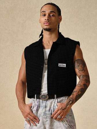 Street Life Men's Casual Vest With Letter Emblem And Patch Pattern, Single-Breasted Design