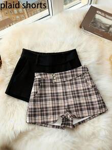 Chiquease Quần short cạp cao kẻ caro cổ điển của Anh, quần short ống rộng chữ A có nút cài giúp thon gọn, đa năng khi đi làm/giảm cân - Màu Khaki - Xem 1