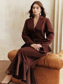 Anewsta Plus Size Women's Elegant Burgundy Two Pieces Set,Cinched Waist Blazer Jacket & Skirt,Autumn Formal Business Casual For Commuting,Party,Wedding,Chic - Burgundy - View 1