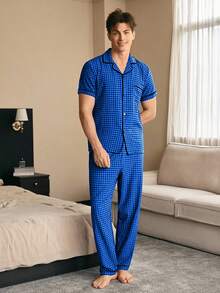 CoupledUp Contrast Trim Plaid Print Lapel Collar Men's Pajama Set - Multicolor - View 3