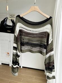 Comfortcana Plus Size Colorblock Striped Hollow Out Cropped Knit Sweater Winter Fall Autumn - Multicolor - View 3