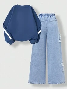 SHEIN Explorewe 时尚少女春、秋、冬两件套美式复古条纹圆领卫衣，印花条纹拼接针织长袖，搭配水洗牛仔星形刺绣长裤，数码印花设计，适合春、秋、冬穿着，也适合街头玩耍。 - 彩色 - 查看 2