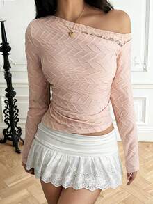 Zavorell 女士性感优雅斜肩蕾丝纯色纹理面料长袖修身衬衫，春秋季上衣，适合商务通勤、日常穿着和浪漫约会，冬季圣诞节新年感恩节女装。 - 粉色 - 查看 3