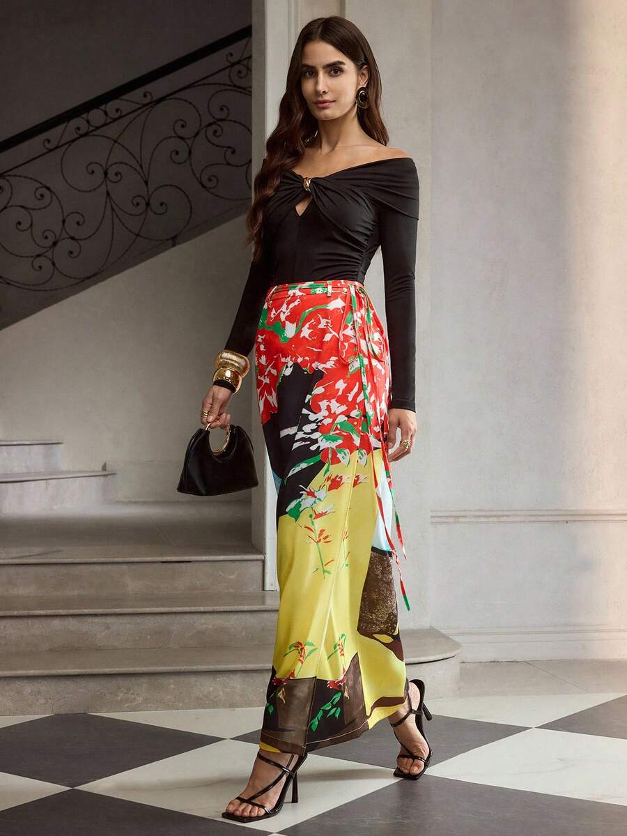 ZEYLAH 女士新款百搭彩色真丝印花A字中长裙 - 彩色 - 查看 1