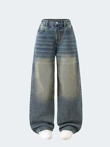 SHEIN ChillGRL Denimly Girls' West Wild Preppy Outdoorsy Style Elastic Waist Zipper Fly Jeans, Vintage Washed Casual Streetwear Outdoor Commute Item Fall Winter