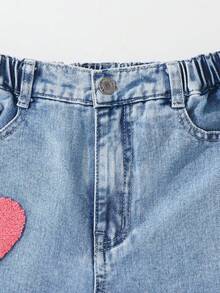 SHEIN ChillGRL Tween Girl Oversized Vintage-Style Multicolor Embroidered Academy Casual Relaxed Fit Comfortable Washed Light Blue Denim Wide Leg Pants Summer Holiday - Light Wash - View 4