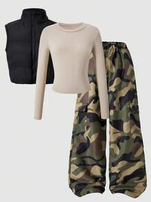 SHEIN ChillGRL 3 件套女孩街头休闲背心、长袖上衣和迷彩裤套装，适合日常穿着 - 彩色 - 查看 3