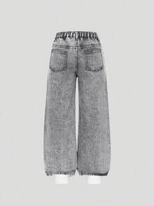 SHEIN ChillGRL 青少年女孩灰色时尚休闲水钻装饰宽松阔腿水洗牛仔裤