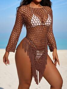 Swim Vcay Solid Color Asymmetric Hem Sheer Fringe Beach Cover-Up Dress With Sexy Appeal Summer - Coffee Brown - View 4