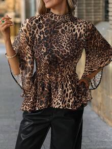 Solivie Áo cánh thời trang nữ cổ loe tay loe họa tiết da báo, thắt eo - màu đen - Xem 6